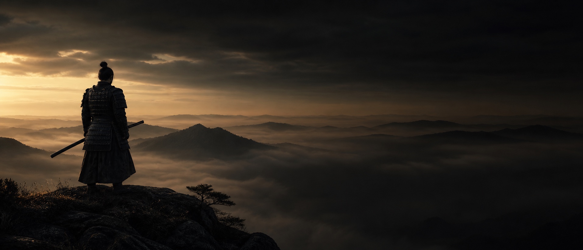 Samurái sobre una montaña con niebla